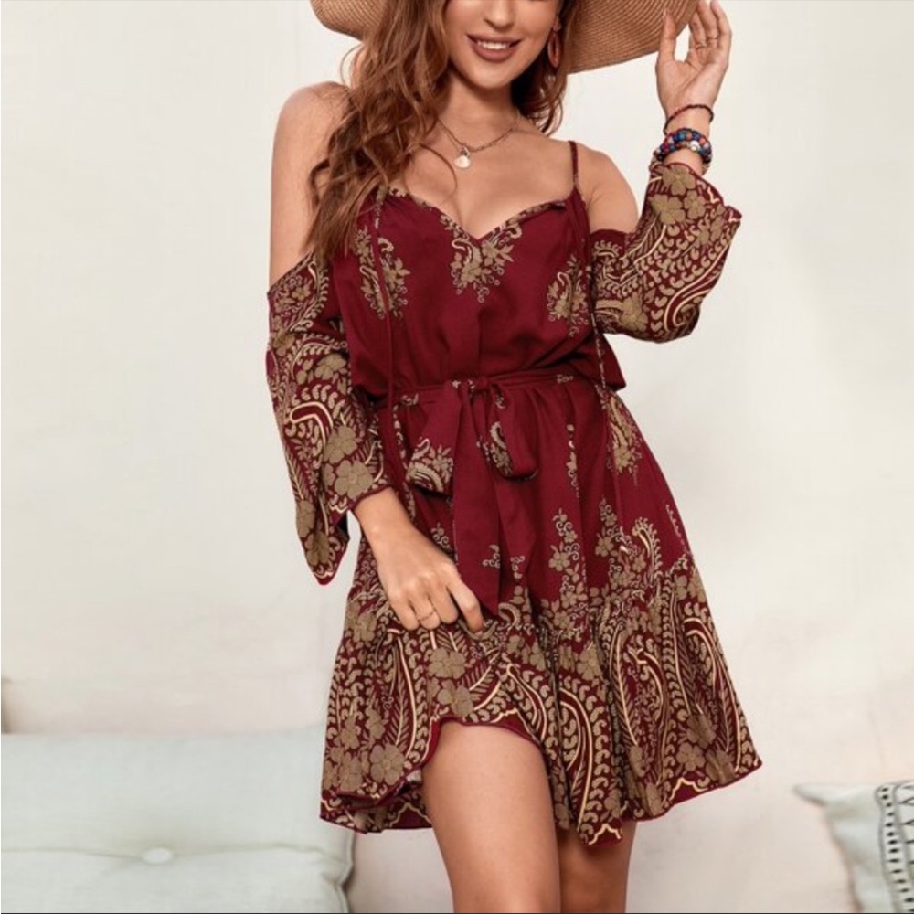 Boho Burgundy Red Floral Print Cold Shoulder Dress XS S M L